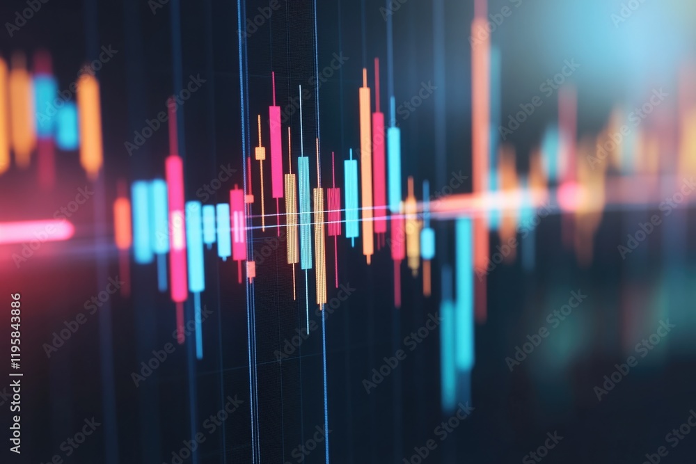 Poster colorful stock market graph with multiple bars representing financial data and trends.