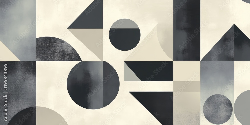 Poster monochrome geometric shapes and patterns blend seamlessly on a textured background, reflecting conte
