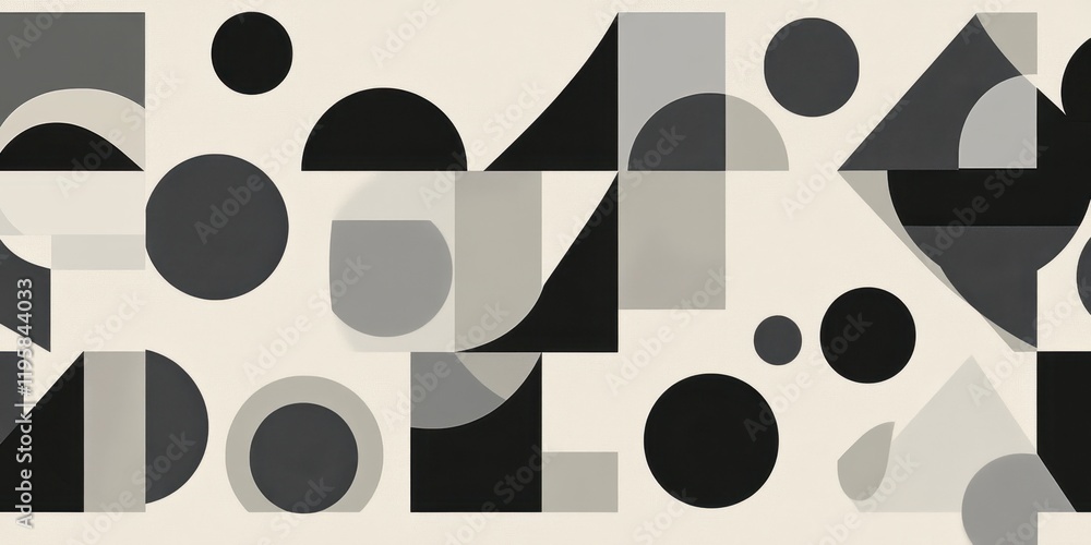 Poster dynamic arrangement of circles and geometric forms in black and gray sets a modern tone, creating a 