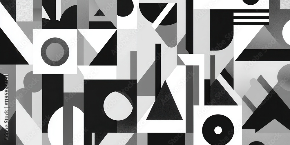 Poster a diverse array of geometric shapes in black and white creates a striking abstract composition