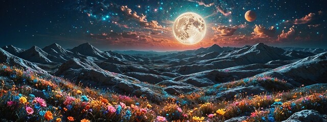 Obraz premium The lunar landscape blooms with heavenly flowers in the bright moonlight