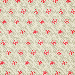 Minimal seamless pattern with red and beige floral dot motifs forming circular shapes. Clean retro background for wallpaper, textiles, and packaging.