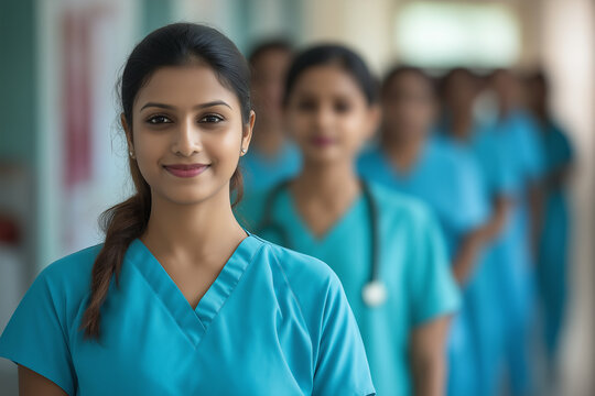 A group of women in blue scrubs are standing in a hallway