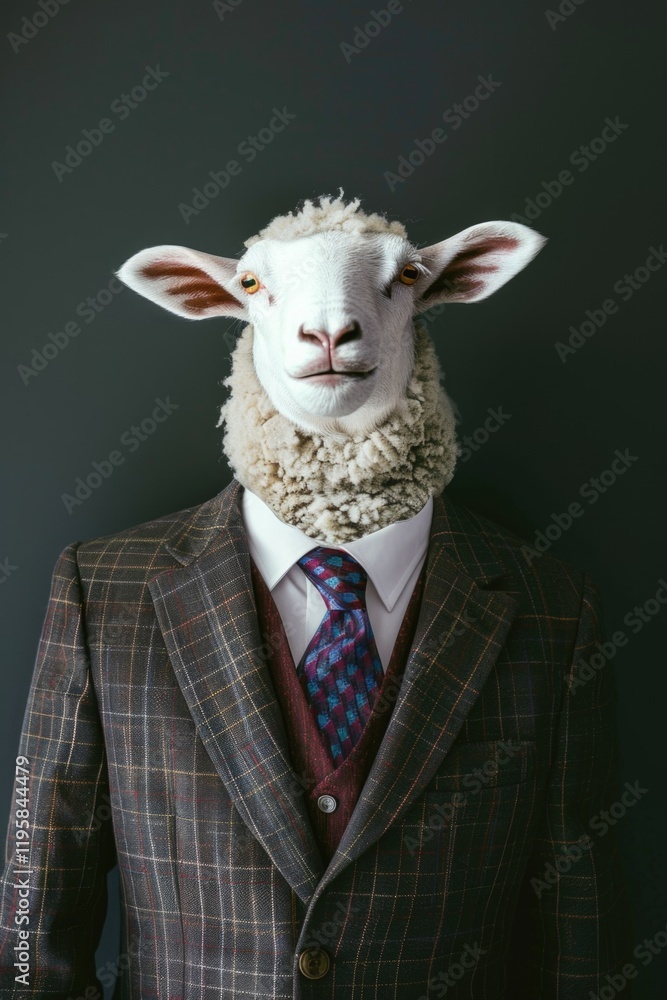 Poster sheep wearing a suit and tie. the sheep is smiling and looking at the camera. the image has a playfu