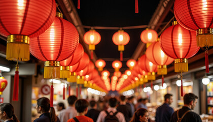 Naklejka premium Vibrant celebration in Asian market at night, festive ambiance