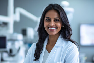 A woman in a white lab coat is smiling for the camera