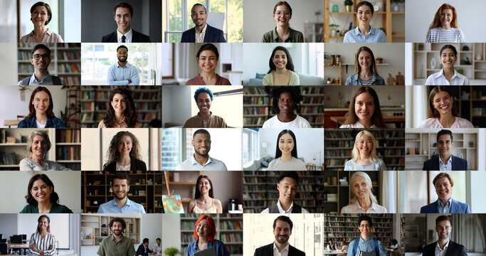 Diverse generation and race people smile look at camera stacked together, collage. Head shot portraits mature and young businesspeople, teen students and freelancers pose indoor, videocall webcam view - Powered by Adobe