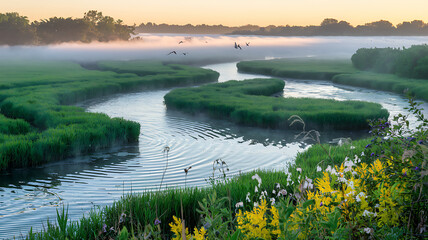 Lush River Delta at Sunrise with Winding Waterways, Vibrant Green Marshes, Misty Banks of Reeds and Wildflowers, Reflective Waters, and Birds in Flight in a Serene Glow