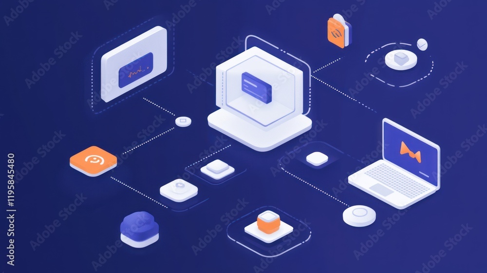 Poster isometric illustration of a complex network system