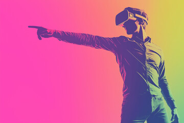 Man in VR Headset Reaching Forward, Immersive Virtual Reality Experience, Futuristic Technology 3D  