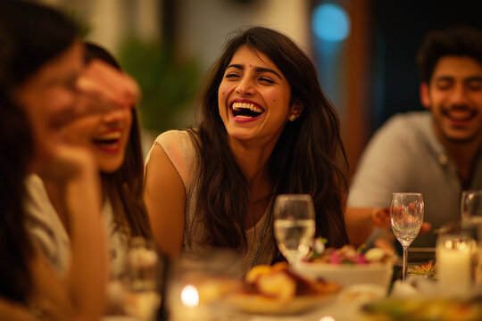 A group of people are laughing and smiling at a dinner table