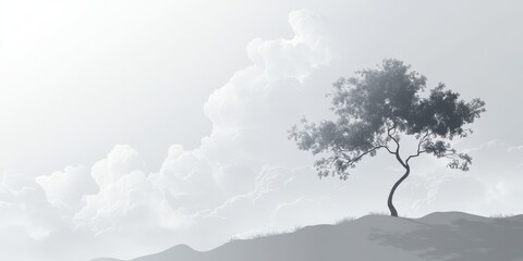 Fototapeta premium A lone tree stands prominently on a gentle hillside, set against a backdrop of soft, billowing clouds in a tranquil afternoon sky