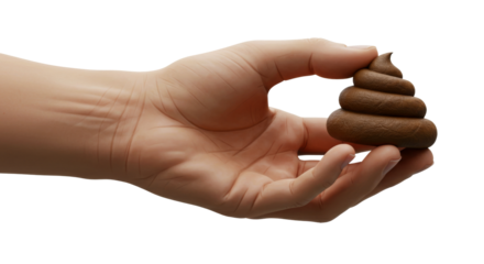 Hand & Fingers holding a piece of poop, turd fecal matter, gross feces, isolate transparent png