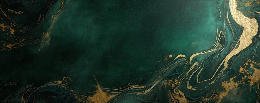 Textured dark green background with abstract golden swirls radiating from one corner, blending softly into the negative space, banner with copy space.