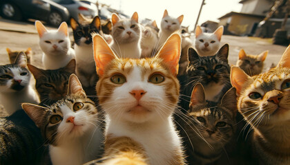 Lots of cats taking a selfie while using a wide-angle lens, realistic, cinematic light