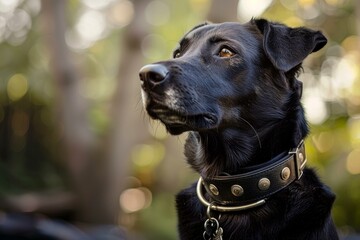 Obraz premium Black labrador dog wearing studded collar looking up with curiosity in a blurred park background
