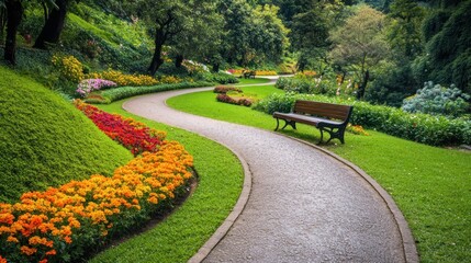 Serpentine Garden Path With Benches And Colorful Flowers