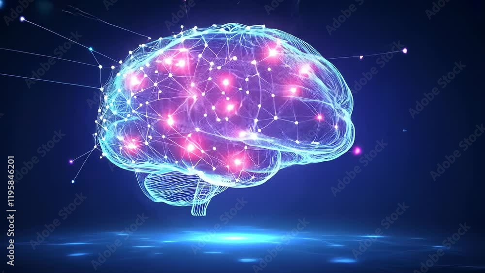 Poster Video with digital abstract background with glowing blue and purple connections forms the shape of an AI brain on a dark gradient, ideal for tech presentations and social network banners.