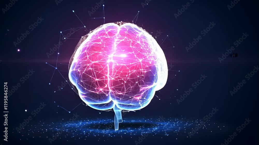 Poster Video with digital abstract background with glowing blue and purple connections forms the shape of an AI brain on a dark gradient, ideal for tech presentations and social network banners.