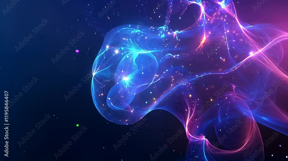 Poster Video with digital abstract background with glowing blue and purple connections forms the shape of an AI brain on a dark gradient, ideal for tech presentations and social network banners.