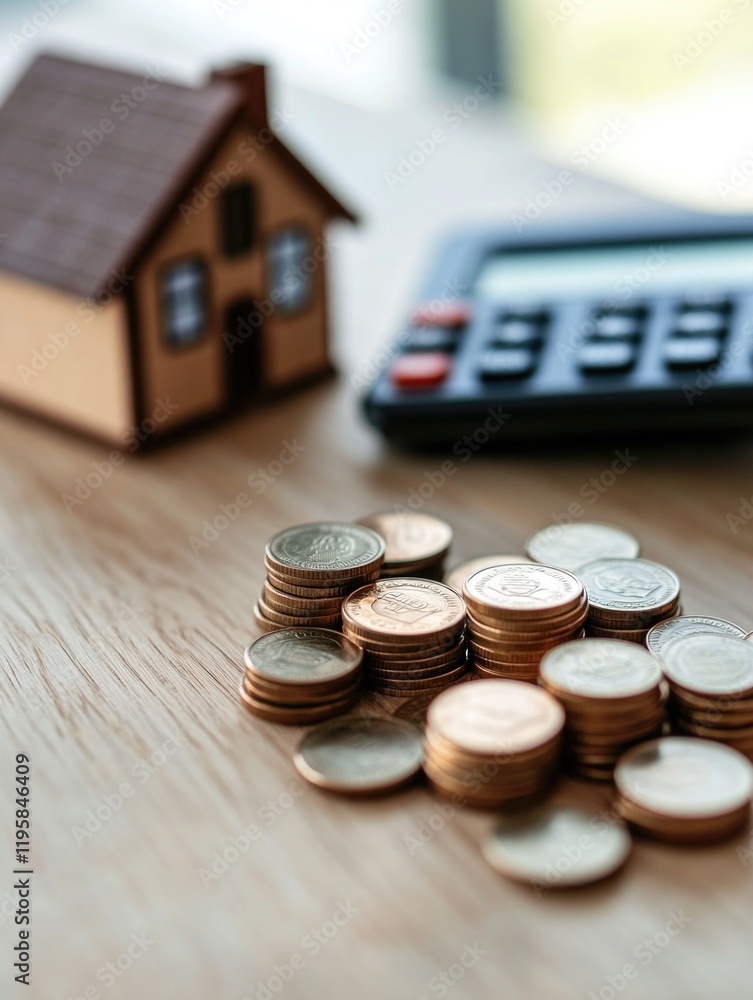 Poster pile of coins and a calculator sit on a table next to a house. the coins are arranged in a neat pile