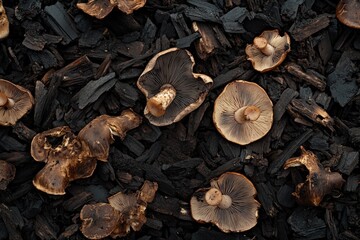 Bunch of mushrooms are scattered on the ground. The mushrooms are brown and have a spiky appearance. The scene is dark and moody, with the mushrooms adding a sense of mystery and intrigue