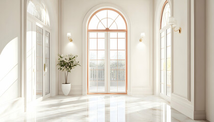 Luxury white neutral home with white marble and copper trim, big door and windows to get all-natural light into the kitchen