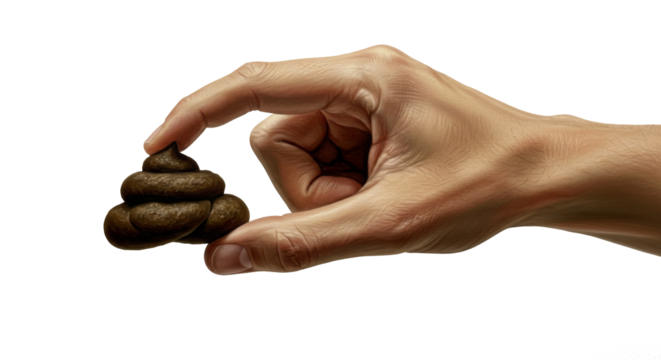 Hand & Fingers holding a piece of poop, turd fecal matter, gross feces, isolate transparent png