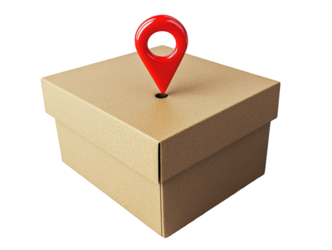 Isolated Red Map Pin on a Cardboard Box