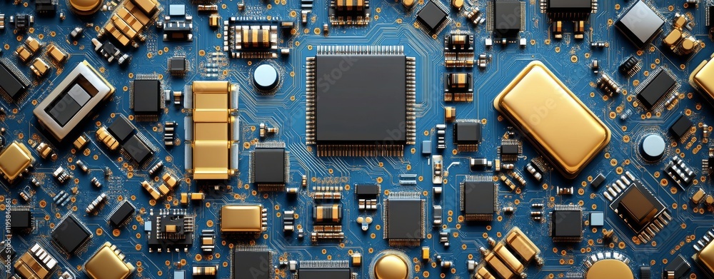 Poster in a cyber-themed computer circuit 3d illustration of a motherboard, an information field and data s
