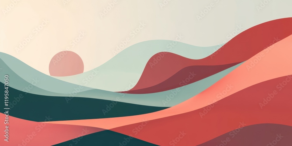 Poster soft hills of layered colors create a tranquil abstract landscape with a gentle sunset illuminating 