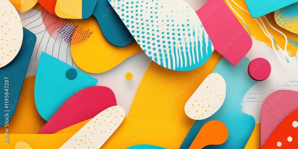 Poster a lively arrangement of various abstract shapes in bright colors, layered and overlapping to create 