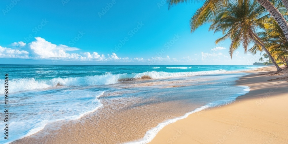 Poster soft waves lap onto the warm sandy shore while palm trees sway in a gentle breeze under a bright blu