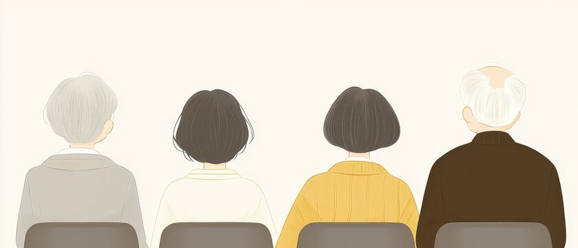Thoughtful illustration of an elderly couple seated together facing forward on neutral tones symbolizing companionship aging gracefully and intergenerational respect in minimalistic art
