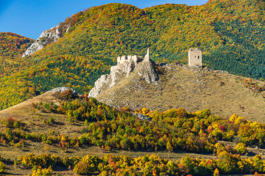 Romania, Transylvania. Coltesti Castle 11th century Ruins. Territorial Trascau mountain views.