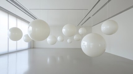 Abstract white installation with a sphere rolling on curved lane with soft shadows, 3d rendering illustration