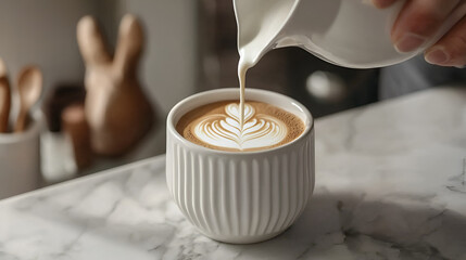 Obraz premium Latte art: creamy milk being poured into a cup of coffee, creating a beautiful design.
