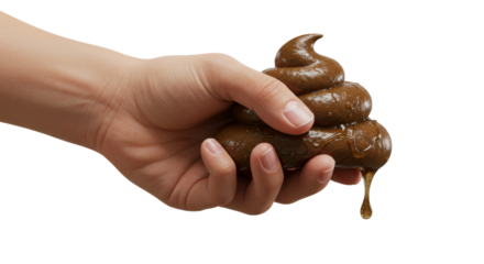 Hand & Fingers holding a piece of poop, turd fecal matter, gross feces, isolate transparent png