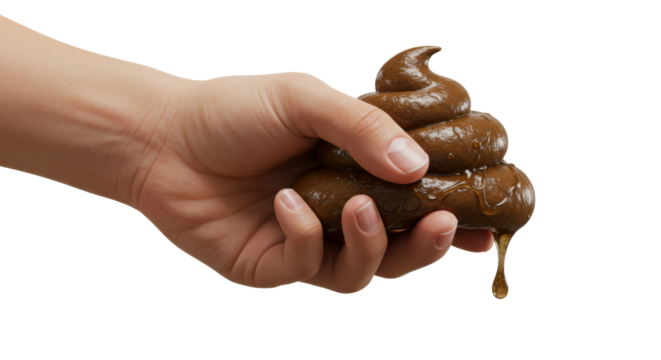 Hand & Fingers holding a piece of poop, turd fecal matter, gross feces, isolate transparent png