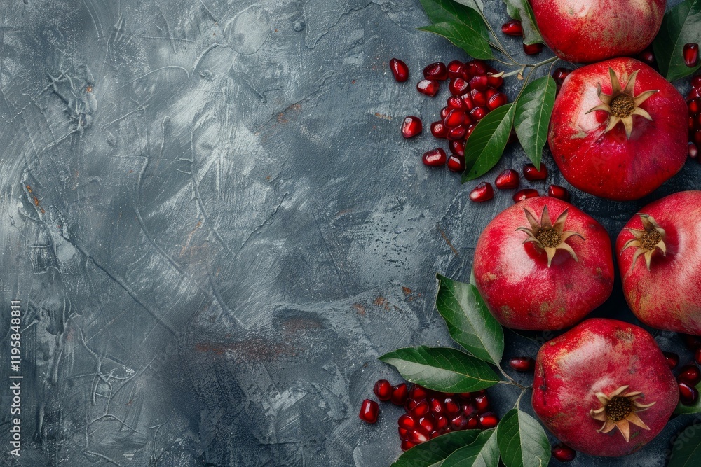 Poster fresh ripe pomegranates with green leaves and seeds arranged on a dark textured background creating 