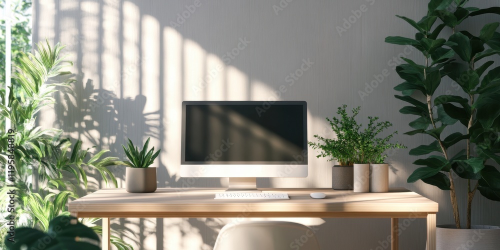 Poster a peaceful workspace features a desk with a computer, surrounded by lush plants, casting soft shadow