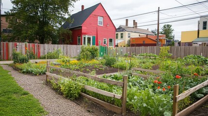 Urban Community Garden Near Red House And Fence