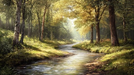 Fototapeta premium Serene River Flowing Through A Sunlit Forest
