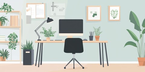 Bright and inviting home office with a desk, computer, various indoor plants, and organized stationery in pots, creating a productive atmosphere