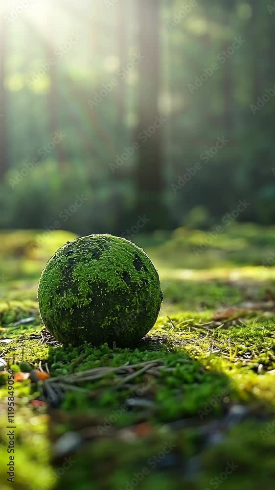 Poster moss-covered stone rests on a vibrant forest floor with sunlight filtering through trees