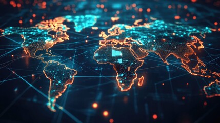 Modern technology and internet connectivity map across the globe, highlighting global reach with digital connections.