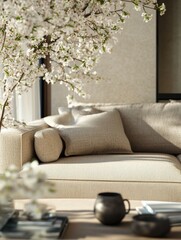 Couch with a vase of white flowers on it. The couch is white and has pillows on it. The flowers are in a vase and are placed on a table
