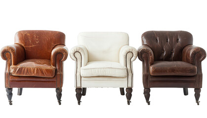 Fototapeta premium Three Vintage Leather Armchairs Brown White Dark Brown Furniture Home Decor Interior Design