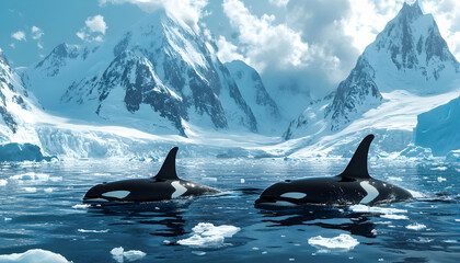 Fototapeta premium Majestic orcas swimming in the Arctic ocean with ice mountains and glaciers in the background