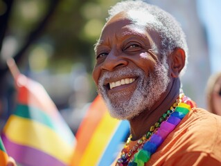 Smiling older bearded man wearing a necklace at rainbow flag parade, conveying happiness and inclusivity.
